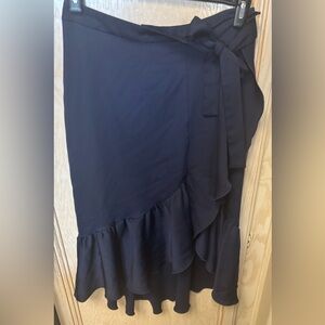 Zara Basic Women's XS‎ Wrap Skirt Slit Midi Flowy Ruffles Navy Blue Bow
